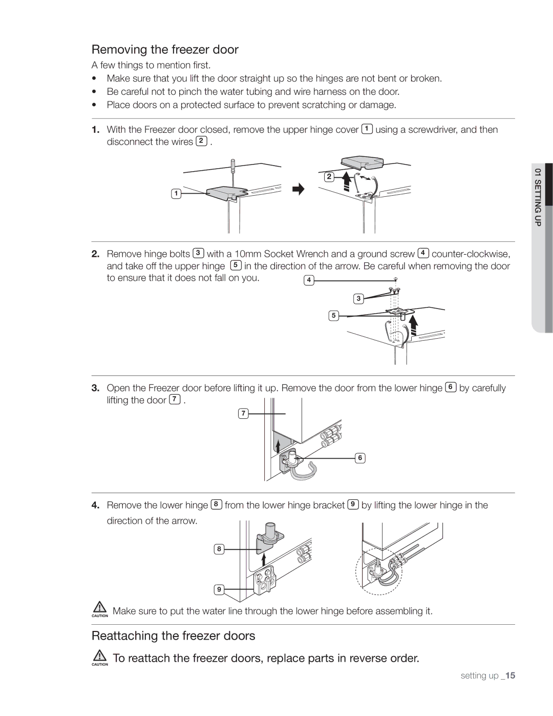 Samsung DA68-01890Q Removing the freezer door, Reattaching the freezer doors, To ensure that it does not fall on you 