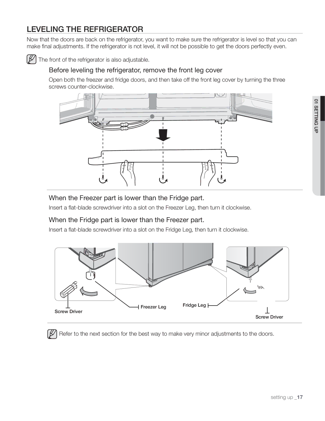 Samsung DA68-01890Q user manual Leve Ling the Refrigerator, When the Fridge part is lower than the Freezer part 