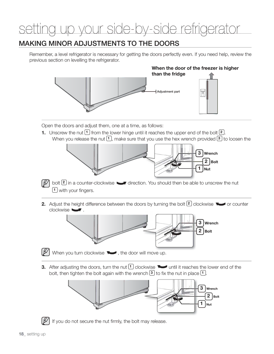 Samsung DA68-01890Q Making Minor Adjustments to the Doors, When the door of the freezer is higher than the fridge 