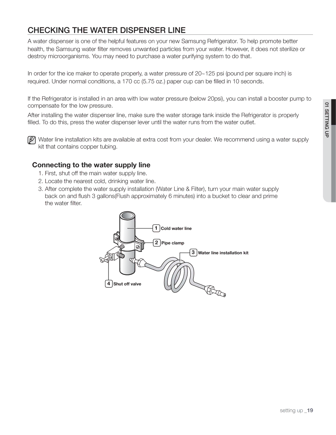 Samsung DA68-01890Q user manual Checking the Water Dispenser Line, Connecting to the water supply line 