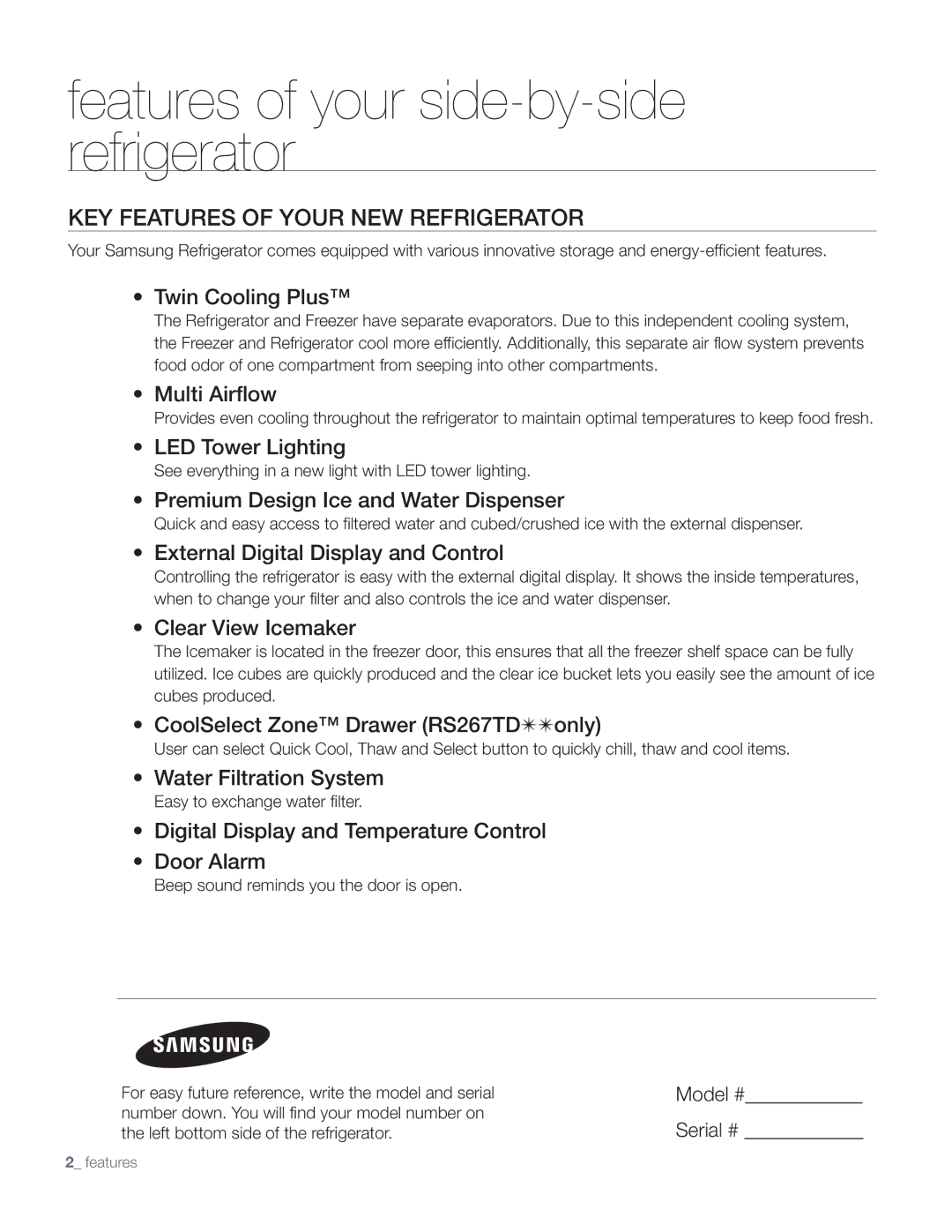 Samsung DA68-01890Q user manual KEY Features of Your NEW Refrigerator 