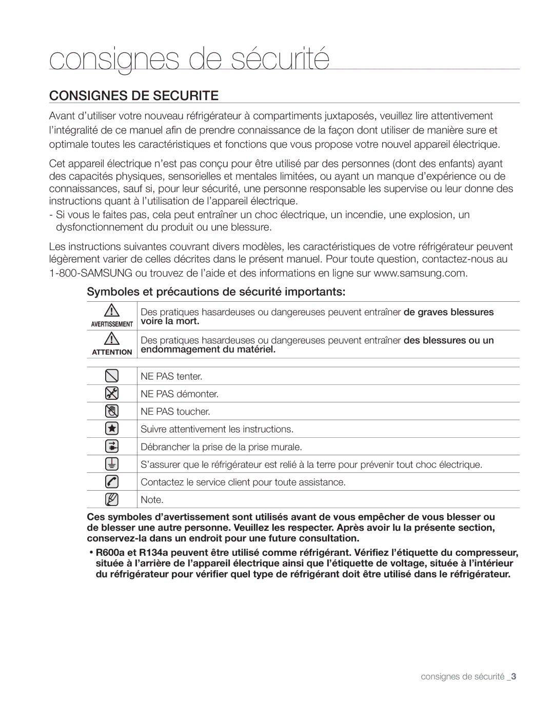 Samsung DA68-01890Q user manual Consignes de sécurité, Consignes DE Securite 