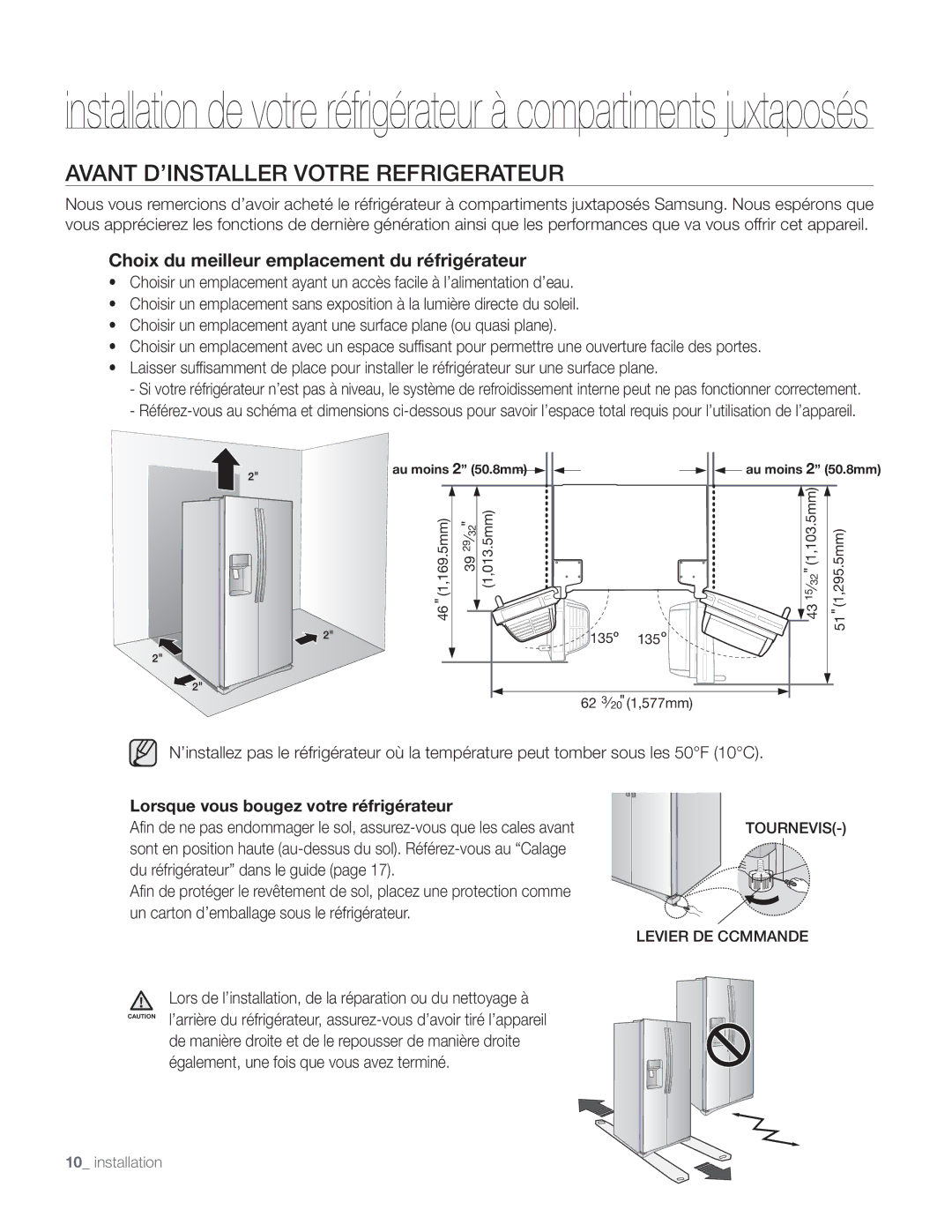 Samsung DA68-01890Q user manual Avant D’INSTALLER Votre Refrigerateur, Lorsque vous bougez votre réfrigérateur 