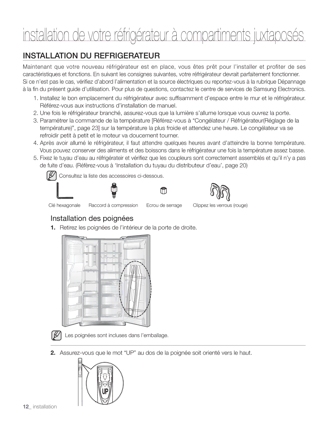 Samsung DA68-01890Q user manual Installation DU Refrigerateur, Installation des poignées 