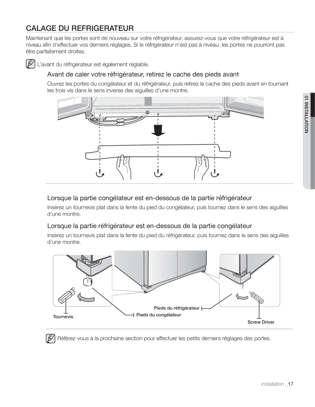 Samsung DA68-01890Q user manual Calage DU Refrigerateur 