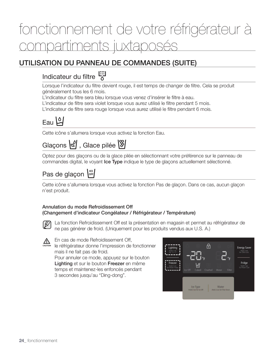 Samsung DA68-01890Q user manual Utilisation DU Panneau DE Commandes Suite, Indicateur du filtre, Eau, Glaçons , Glace pilée 