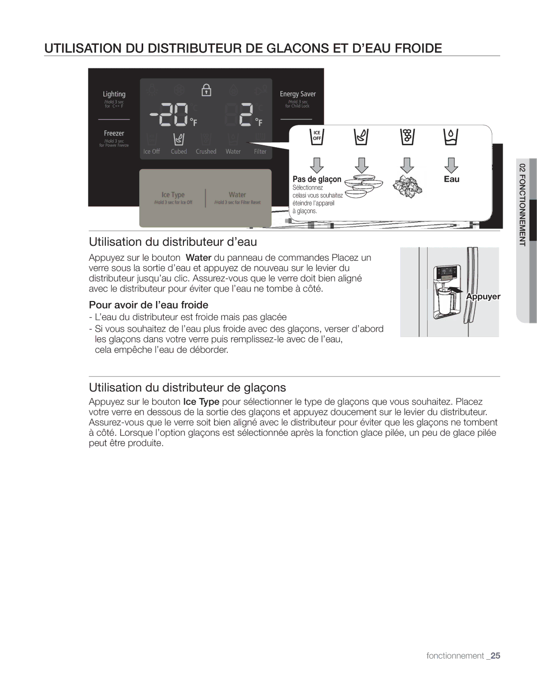 Samsung DA68-01890Q user manual Utilisation DU Distributeur DE Glacons ET D’EAU Froide, Utilisation du distributeur d’eau 