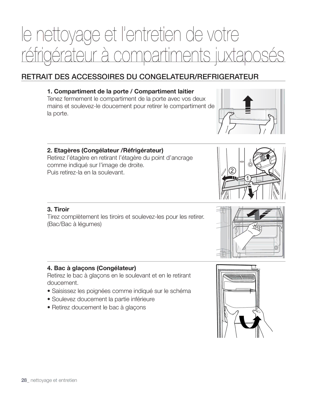 Samsung DA68-01890Q user manual Retrait DES Accessoires DU CONGELATEUR/REFRIGERATEUR, Etagères Congélateur /Réfrigérateur 