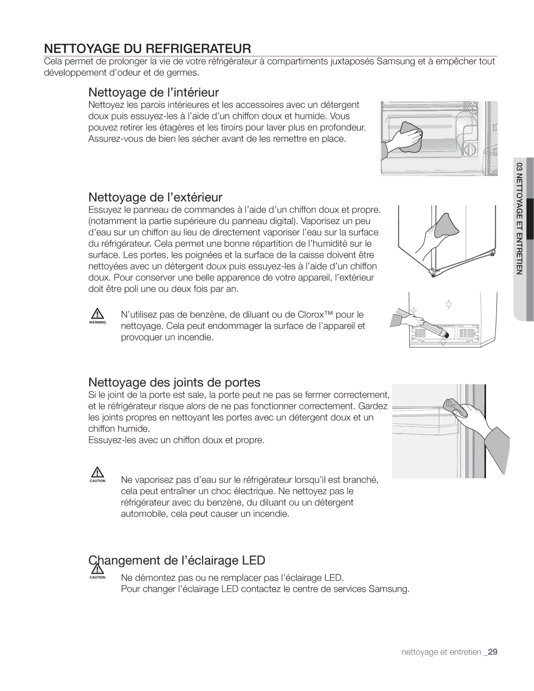 Samsung DA68-01890Q user manual Nettoyage DU Refrigerateur, Nettoyage de l’intérieur, Nettoyage de l’extérieur 