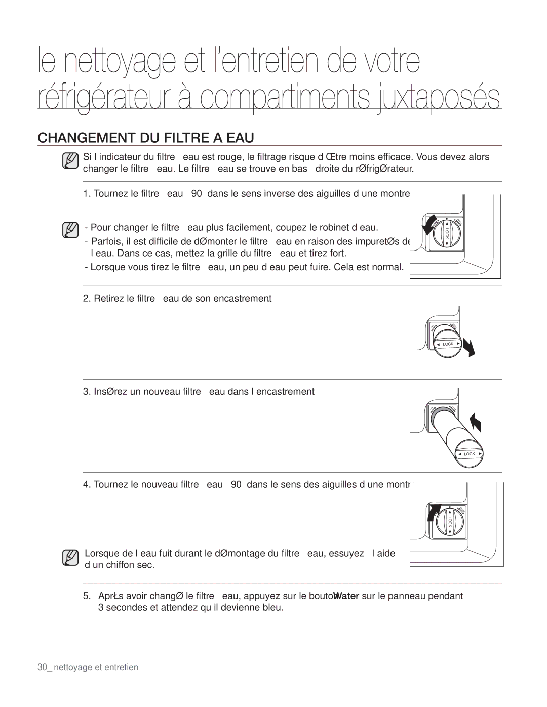 Samsung DA68-01890Q user manual Changement DU Filtre a EAU 