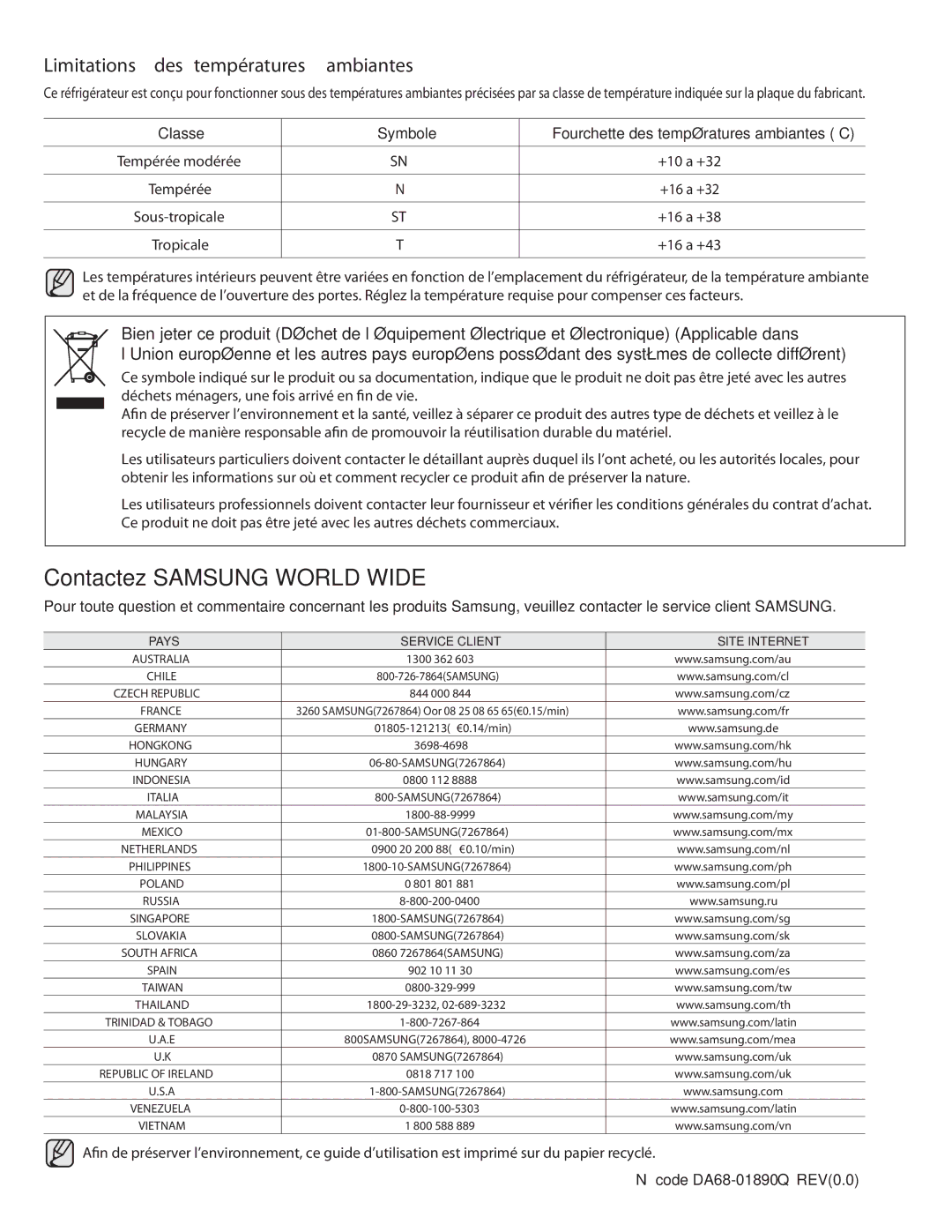 Samsung DA68-01890Q user manual Contactez Samsung World Wide 