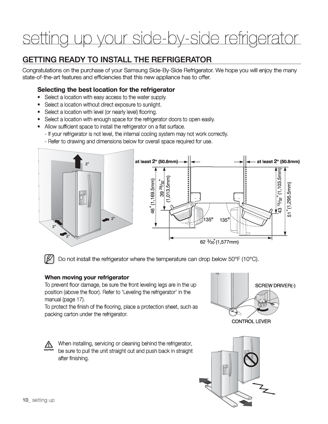 Samsung DA68-01890Q user manual setting up your side-by-siderefrigerator, Getting Ready To Install The Refrigerator 