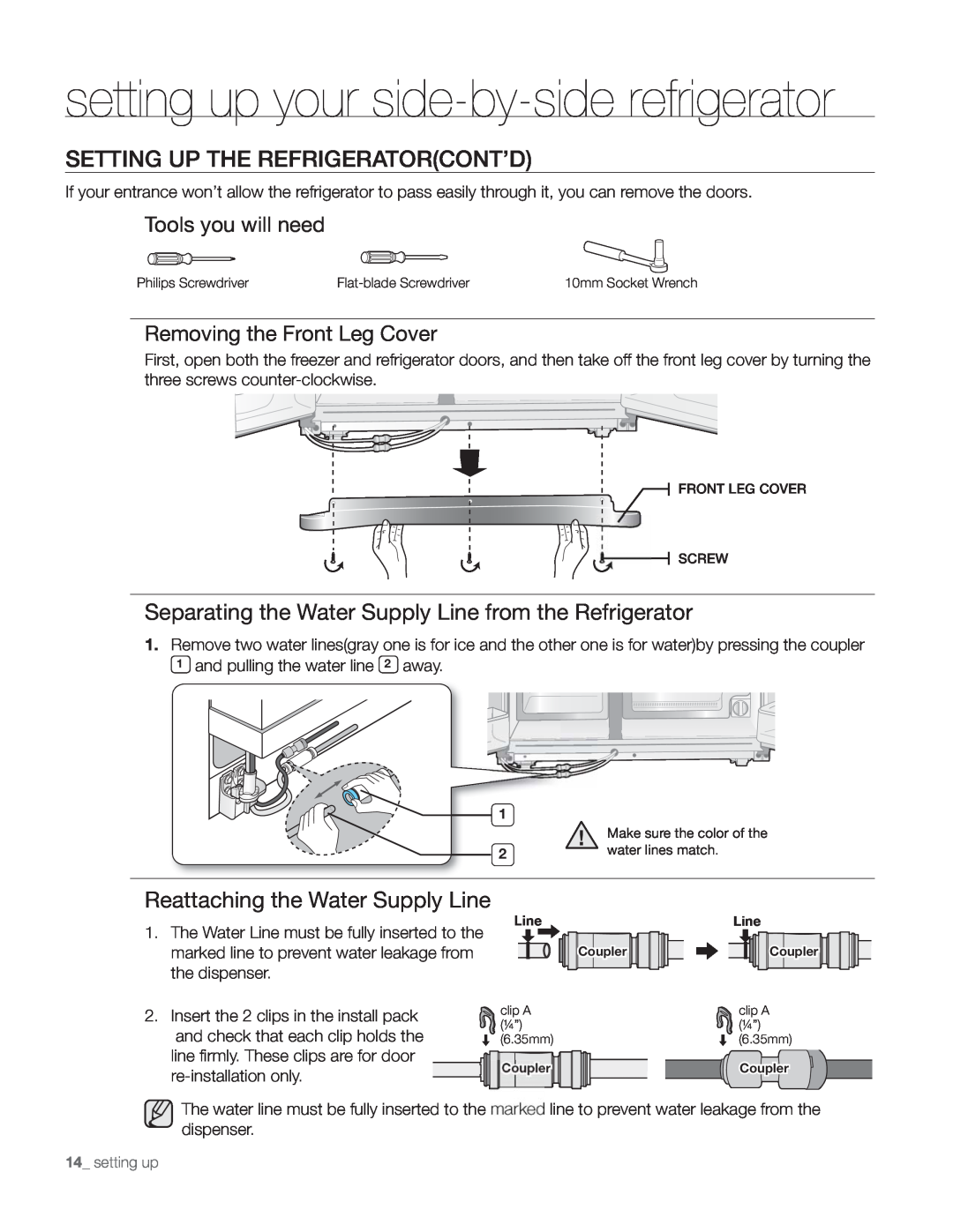 Samsung DA68-01890Q user manual Setting Up The Refrigeratorcont’D, Reattaching the Water Supply Line 