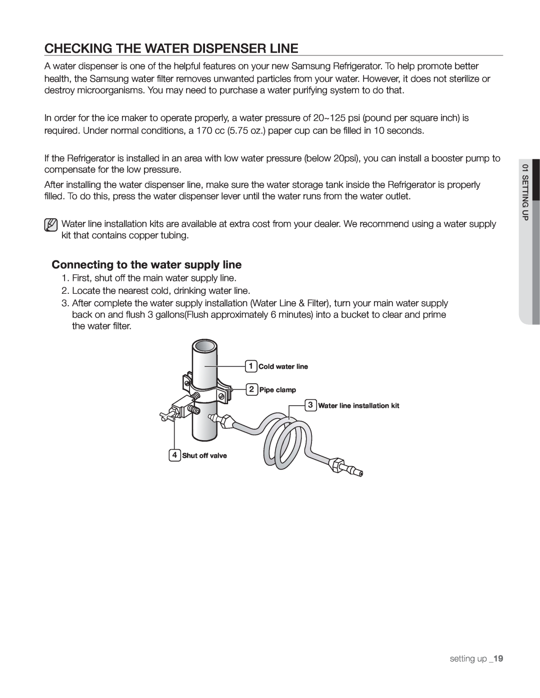 Samsung DA68-01890Q user manual Checking The Water Dispenser Line, Connecting to the water supply line 