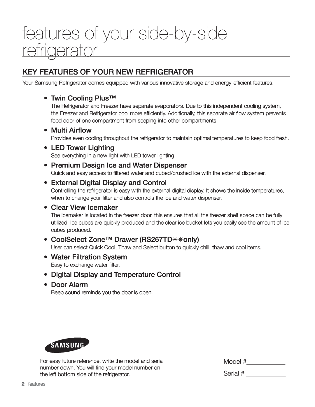 Samsung DA68-01890Q user manual features of your side-by-siderefrigerator, Key Features Of Your New Refrigerator 