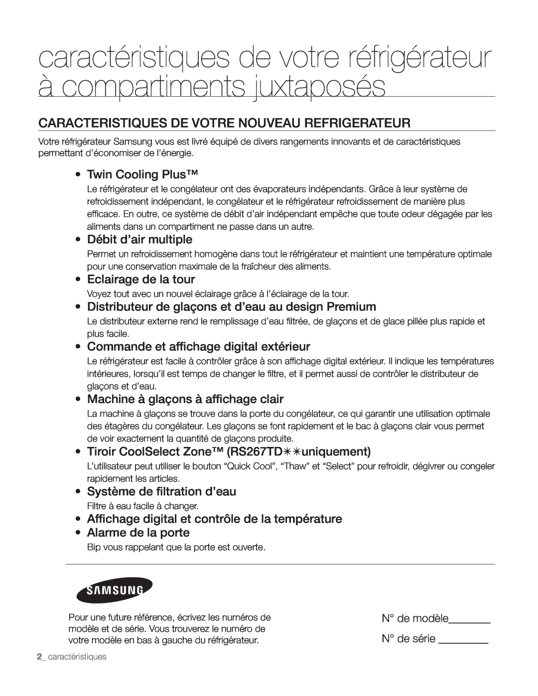 Samsung DA68-01890Q user manual Caracteristiques De Votre Nouveau Refrigerateur 