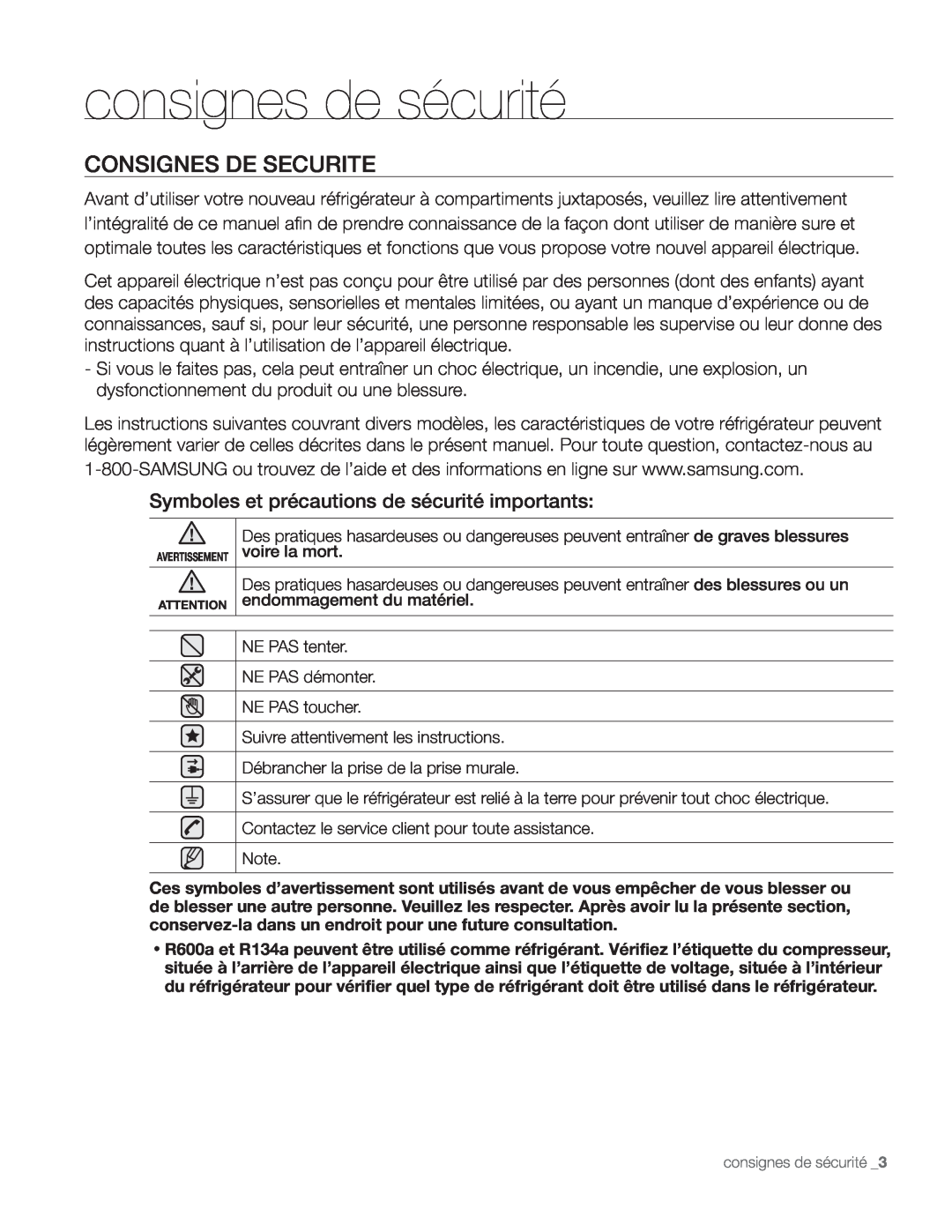 Samsung DA68-01890Q user manual consignes de sécurité, Consignes De Securite 