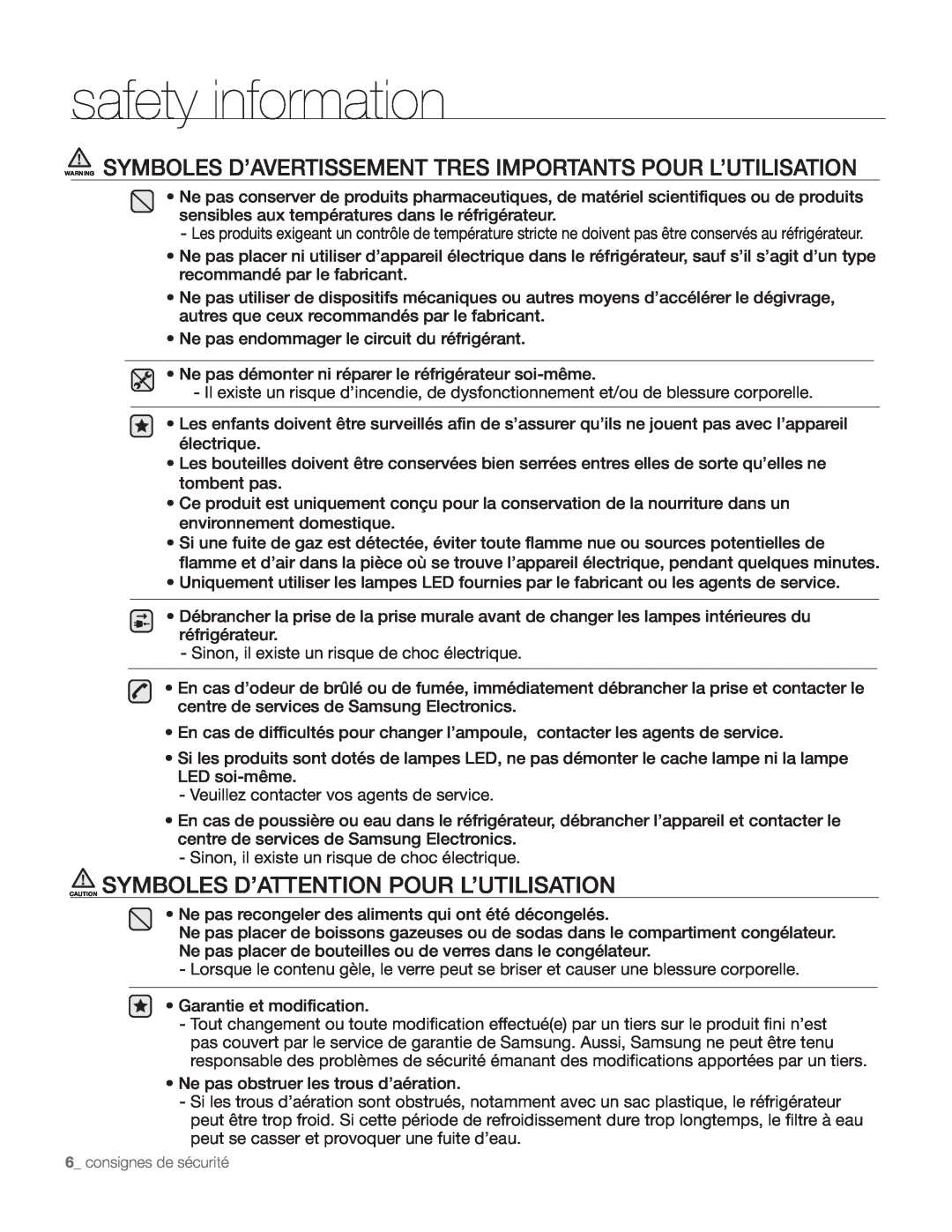 Samsung DA68-01890Q user manual Caution Symboles D’Attention Pour L’Utilisation, safety information 