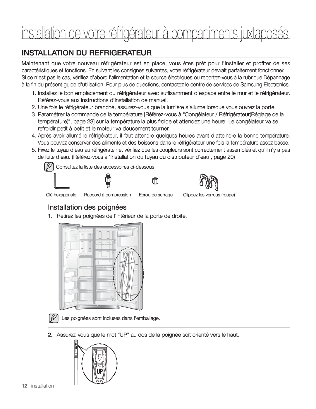 Samsung DA68-01890Q user manual Installation Du Refrigerateur, Installation des poignées 