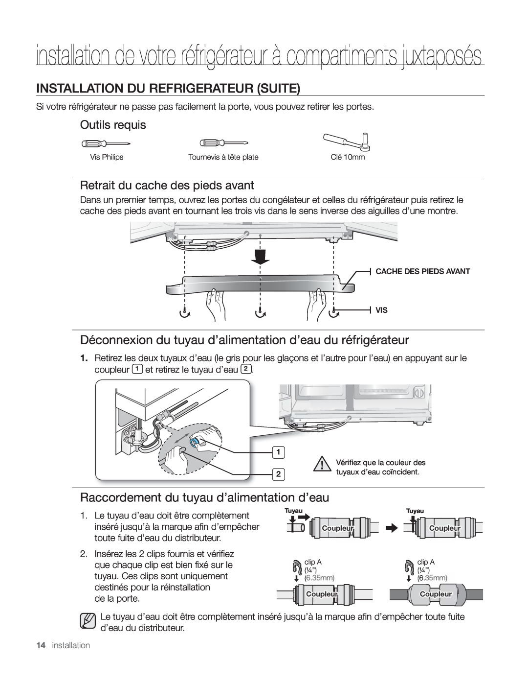Samsung DA68-01890Q user manual Installation Du Refrigerateur Suite, Raccordement du tuyau d’alimentation d’eau 