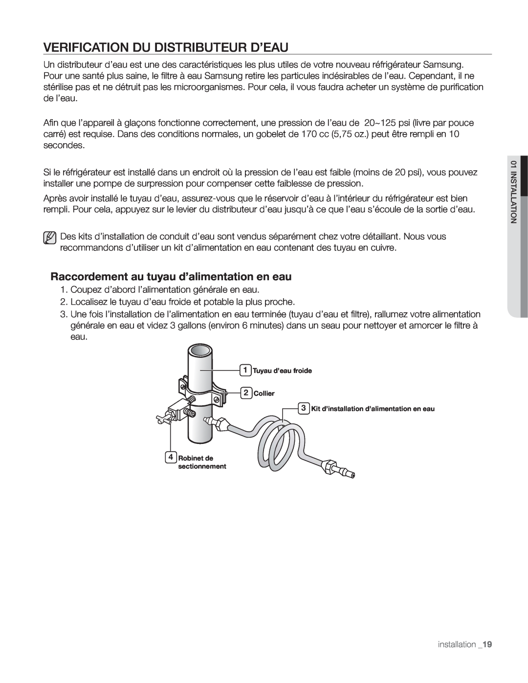 Samsung DA68-01890Q user manual Verification Du Distributeur D’Eau, Raccordement au tuyau d’alimentation en eau 