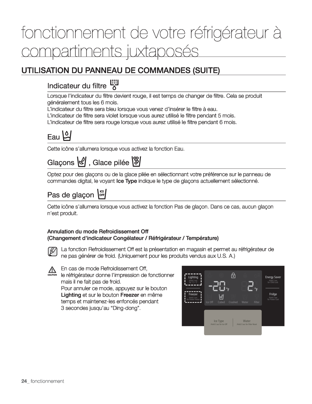 Samsung DA68-01890Q Utilisation Du Panneau De Commandes Suite, Indicateur du filtre, Glaçons , Glace pilée, Pas de glaçon 