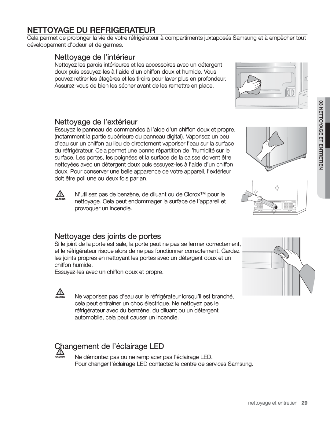 Samsung DA68-01890Q user manual Nettoyage Du Refrigerateur, Nettoyage de l’intérieur, Nettoyage de l’extérieur 