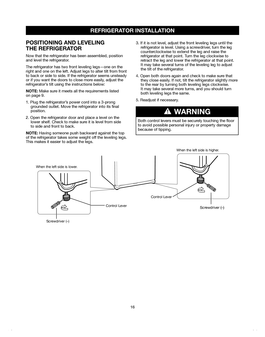 Samsung 65612, DA68-01921A, 65602, 65603, 65619, 65613, 65609 manual Positioning and Leveling the Refrigerator 