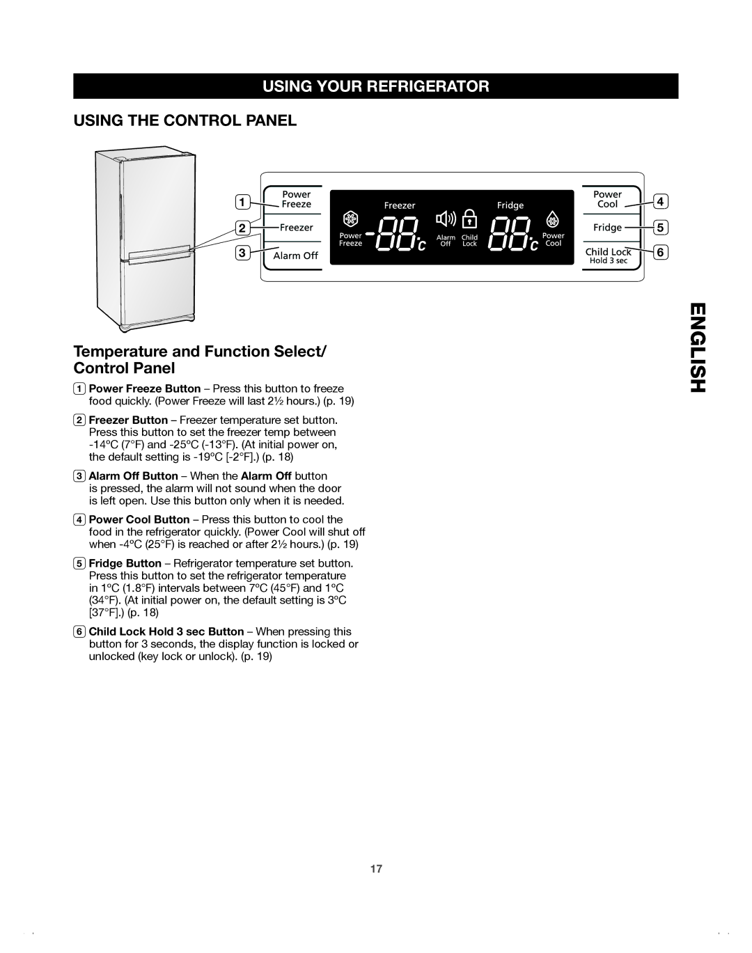 Samsung 65603, DA68-01921A Using Your Refrigerator, Using the Control Panel, Temperature and Function Select Control Panel 