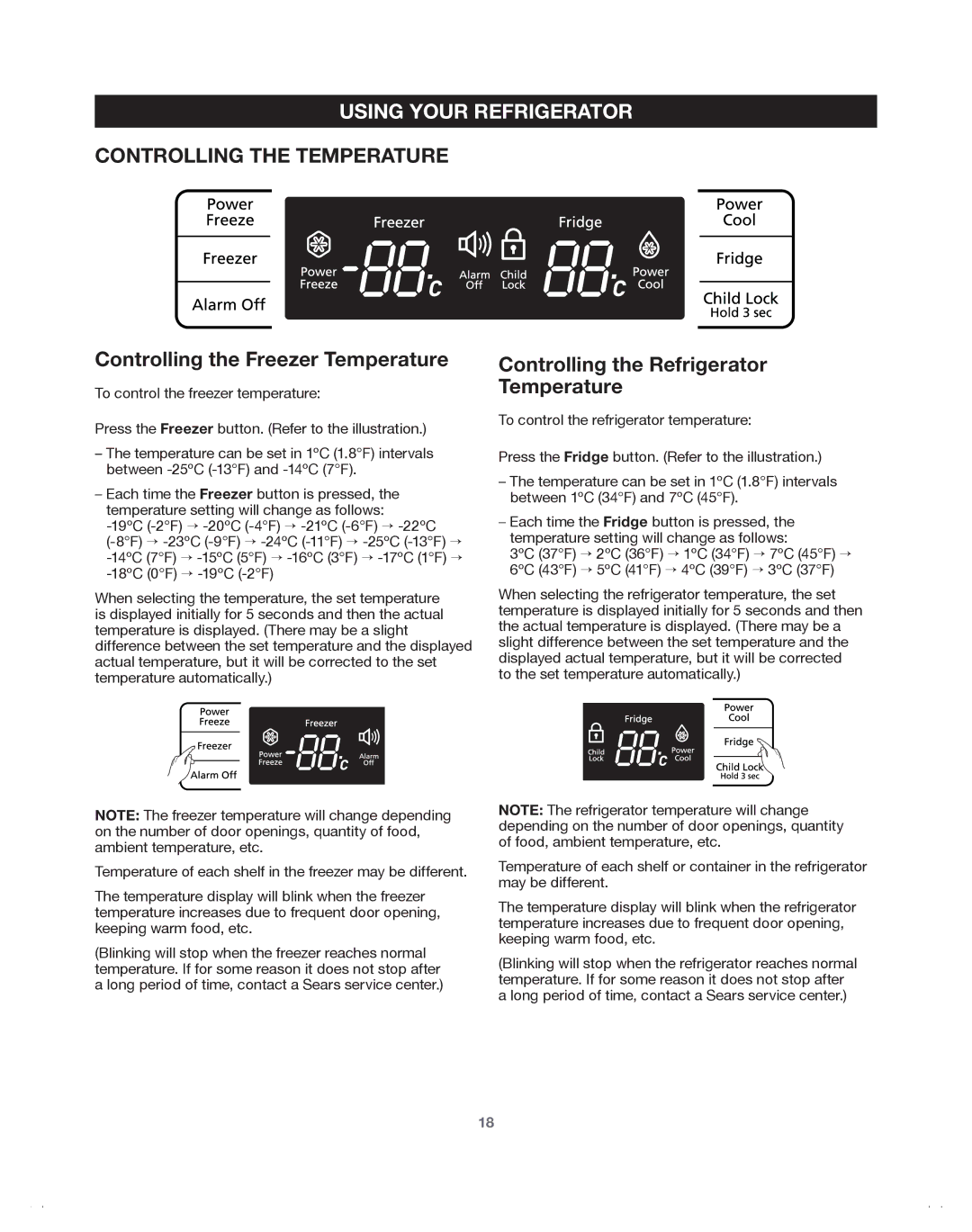 Samsung 65619 Controlling the Temperature, Controlling the Freezer Temperature, Controlling the Refrigerator Temperature 