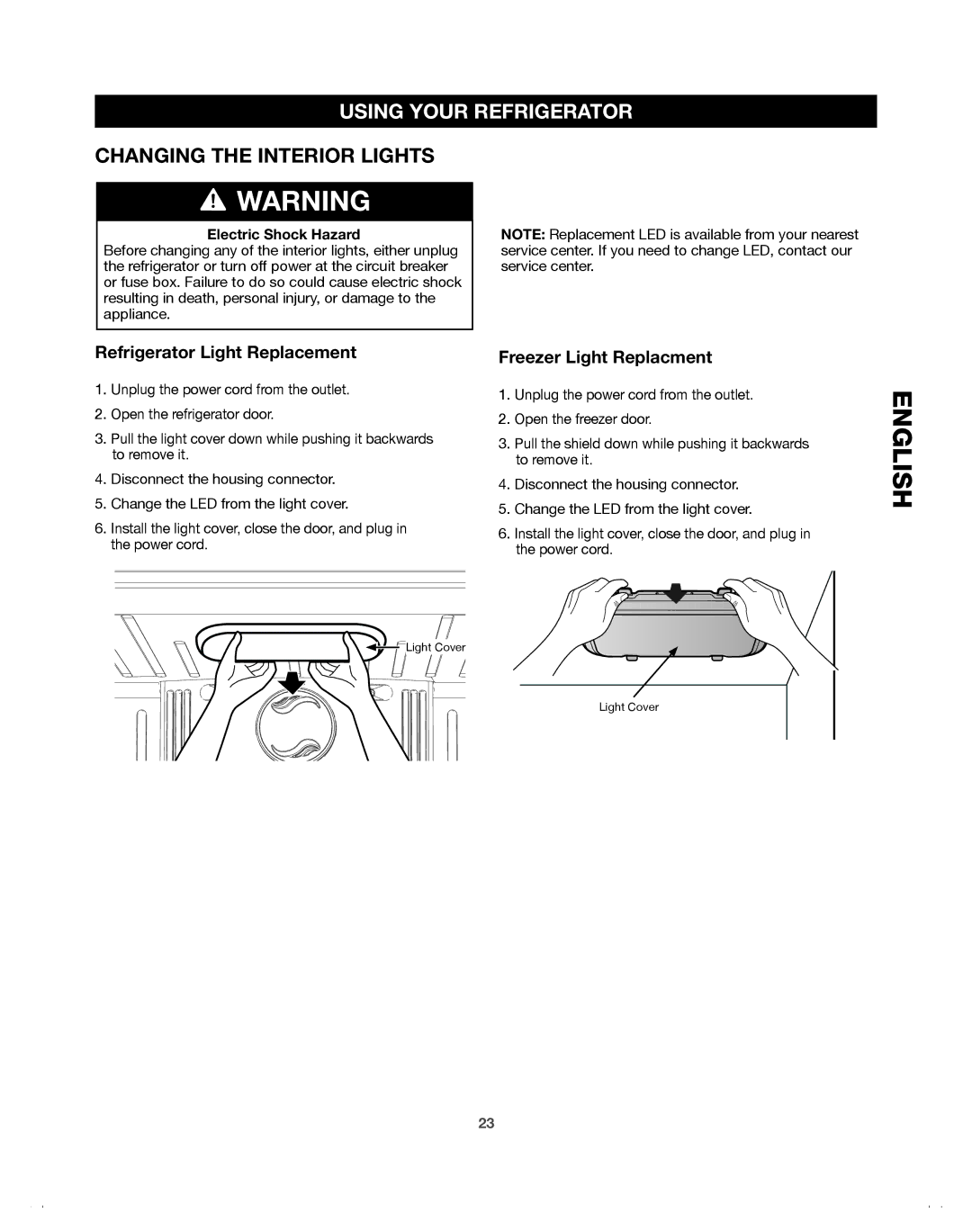 Samsung 65612, DA68-01921A, 65602 Changing the Interior Lights, Refrigerator Light Replacement, Freezer Light Replacment 