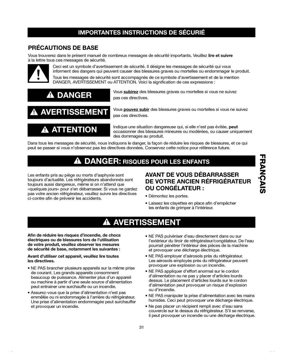 Samsung 65619, DA68-01921A, 65602, 65612 Importantes Instructions DE Sécurié, Précautions DE Base, Avant DE Vous Débarrasser 