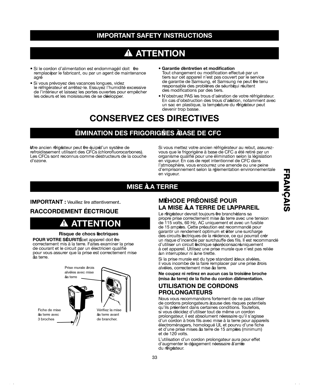 Samsung 65609, 65602 Élimination DES Frigorigénes À Base DE CFC, Mise À LA Terre, Garantie d’entretien et modification 