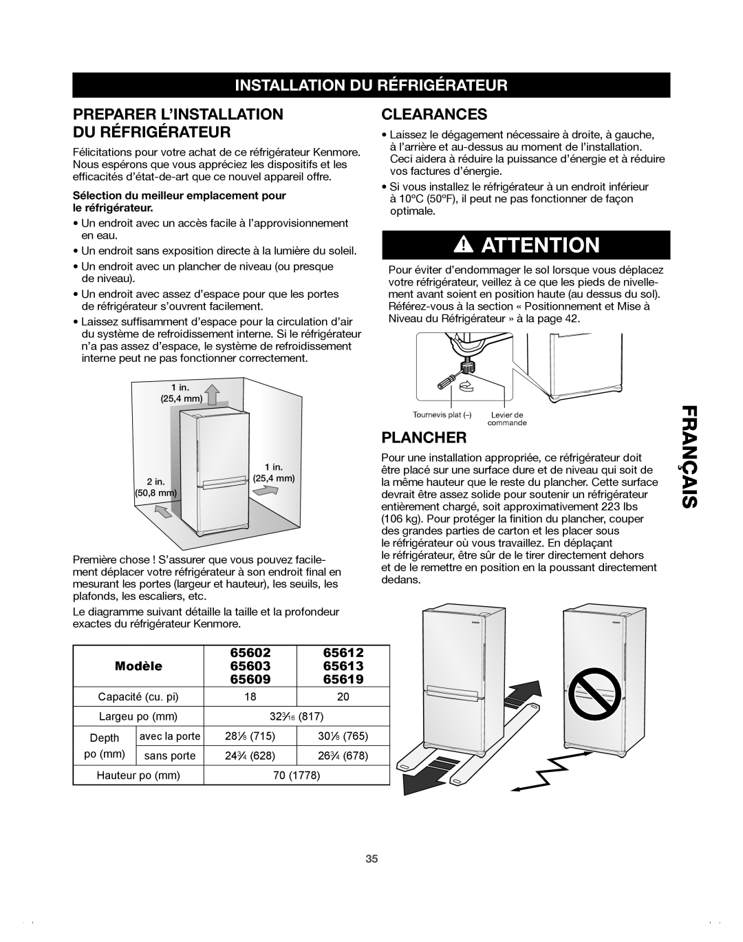 Samsung 65602, DA68-01921A, 65612, 65603 Installation DU Réfrigérateur, Preparer L’INSTALLATION DU Réfrigérateur, Plancher 