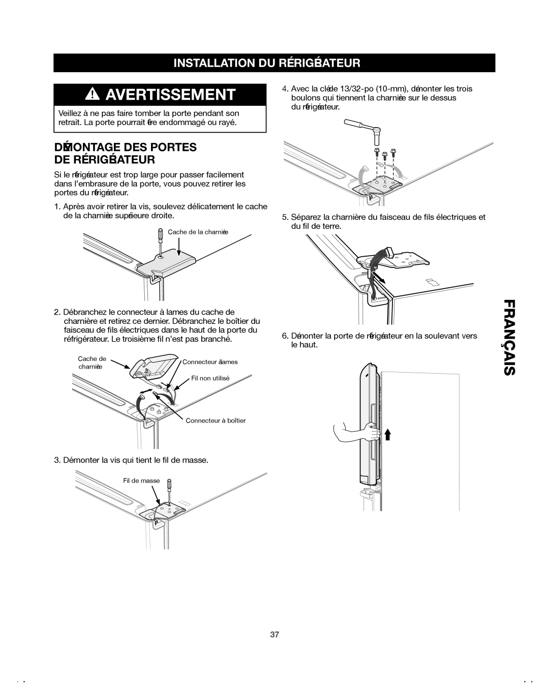 Samsung 65603, DA68-01921A, 65602, 65612, 65619, 65613, 65609 manual Démontage DES Portes DE Réfrigérateur, Français 