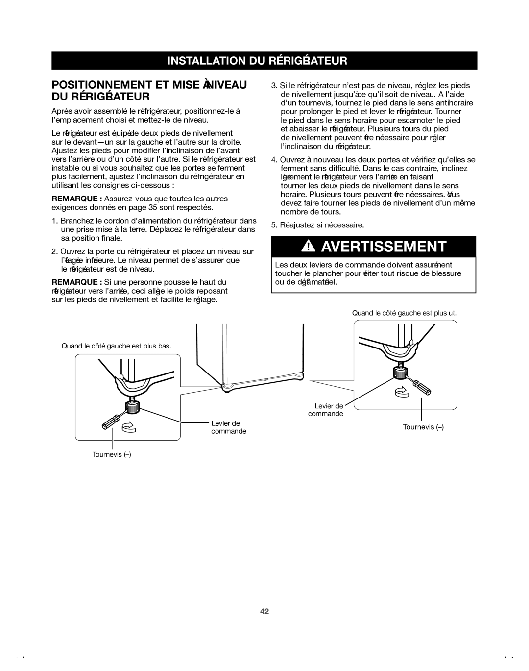 Samsung 65602, DA68-01921A, 65612, 65603, 65619, 65613, 65609 manual Positionnement ET Mise À Niveau DU Réfrigérateur 