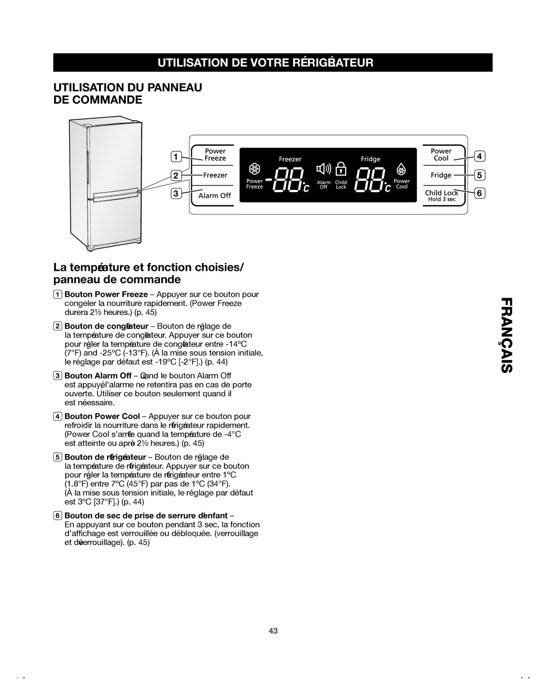 Samsung 65612, DA68-01921A Utilisation DU Panneau DE Commande, La température et fonction choisies/ panneau de commande 