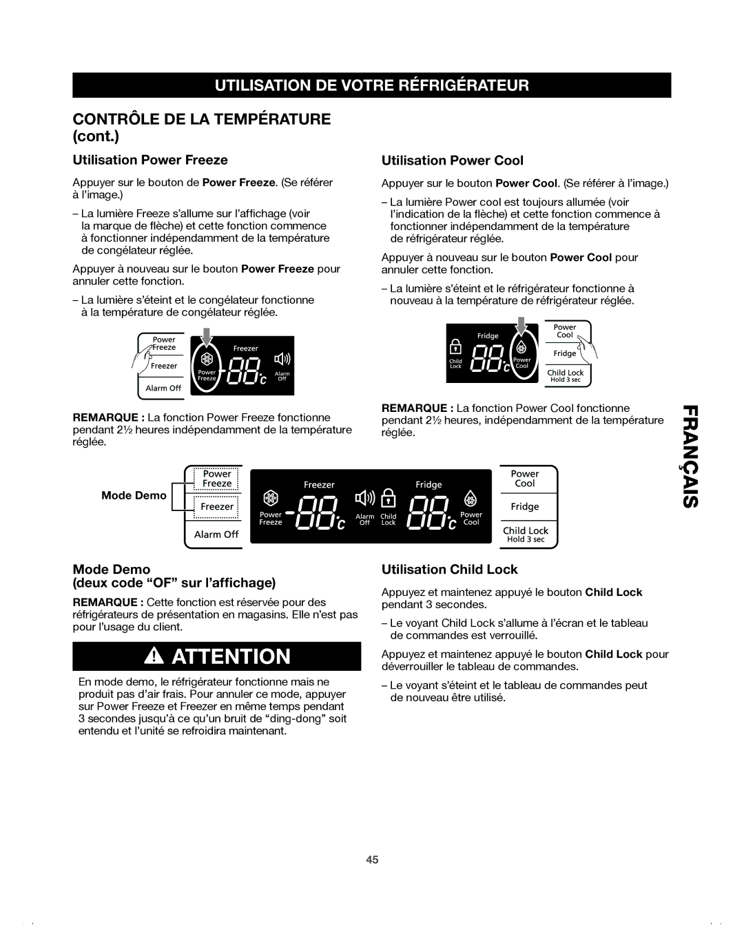 Samsung 65619, 65602 Contrôle DE LA Température, Français, Utilisation Power Freeze, Utilisation Power Cool, Mode Demo 