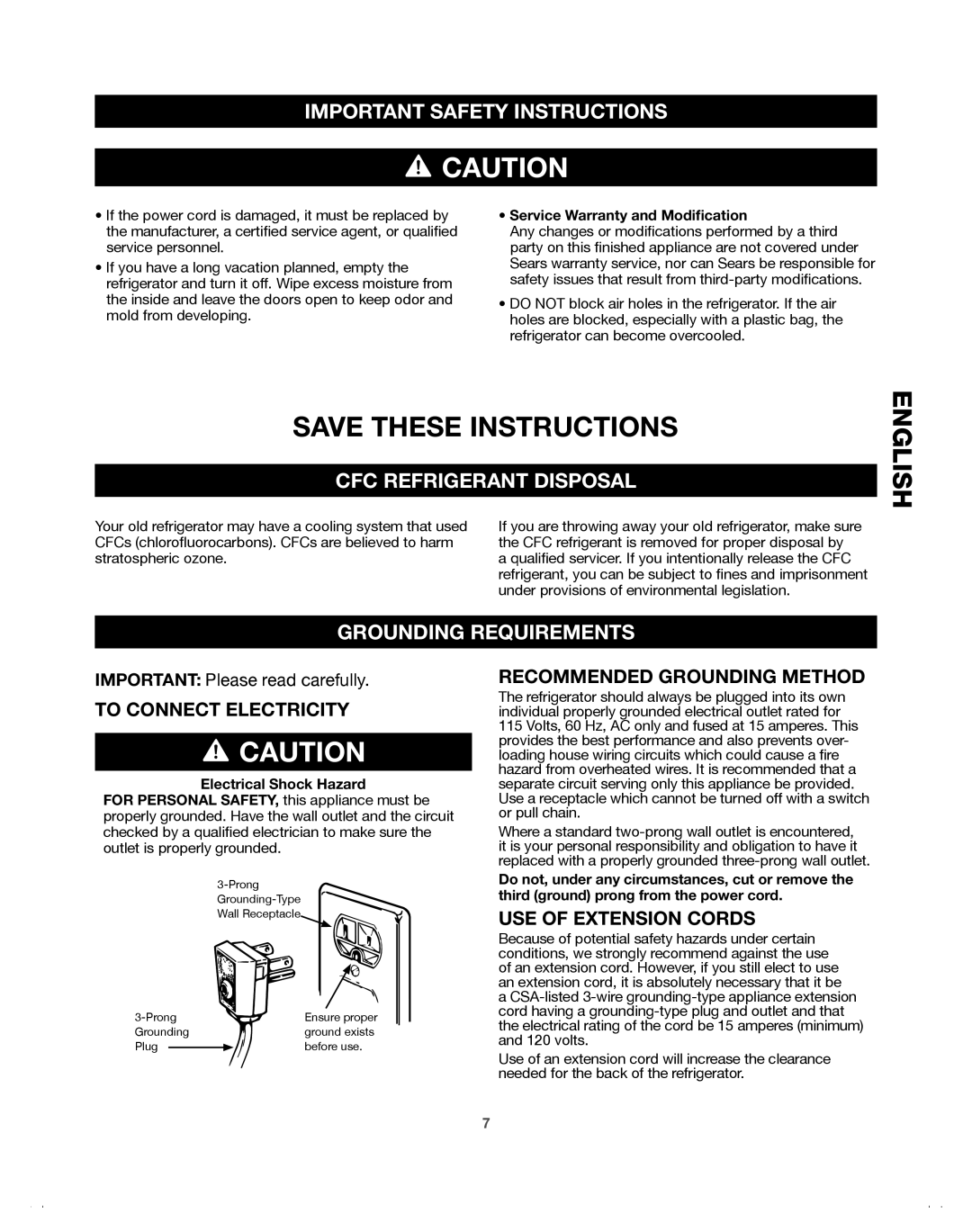 Samsung DA68-01921A, 65602, 65612, 65603 CFC Refrigerant Disposal, Grounding Requirements, Service Warranty and Modification 