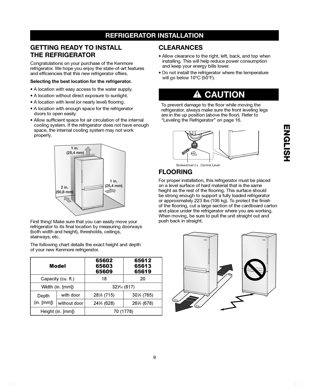 Samsung 65612, DA68-01921A manual Refrigerator Installation, Clearances, Flooring, Getting Ready to Install the Refrigerator 