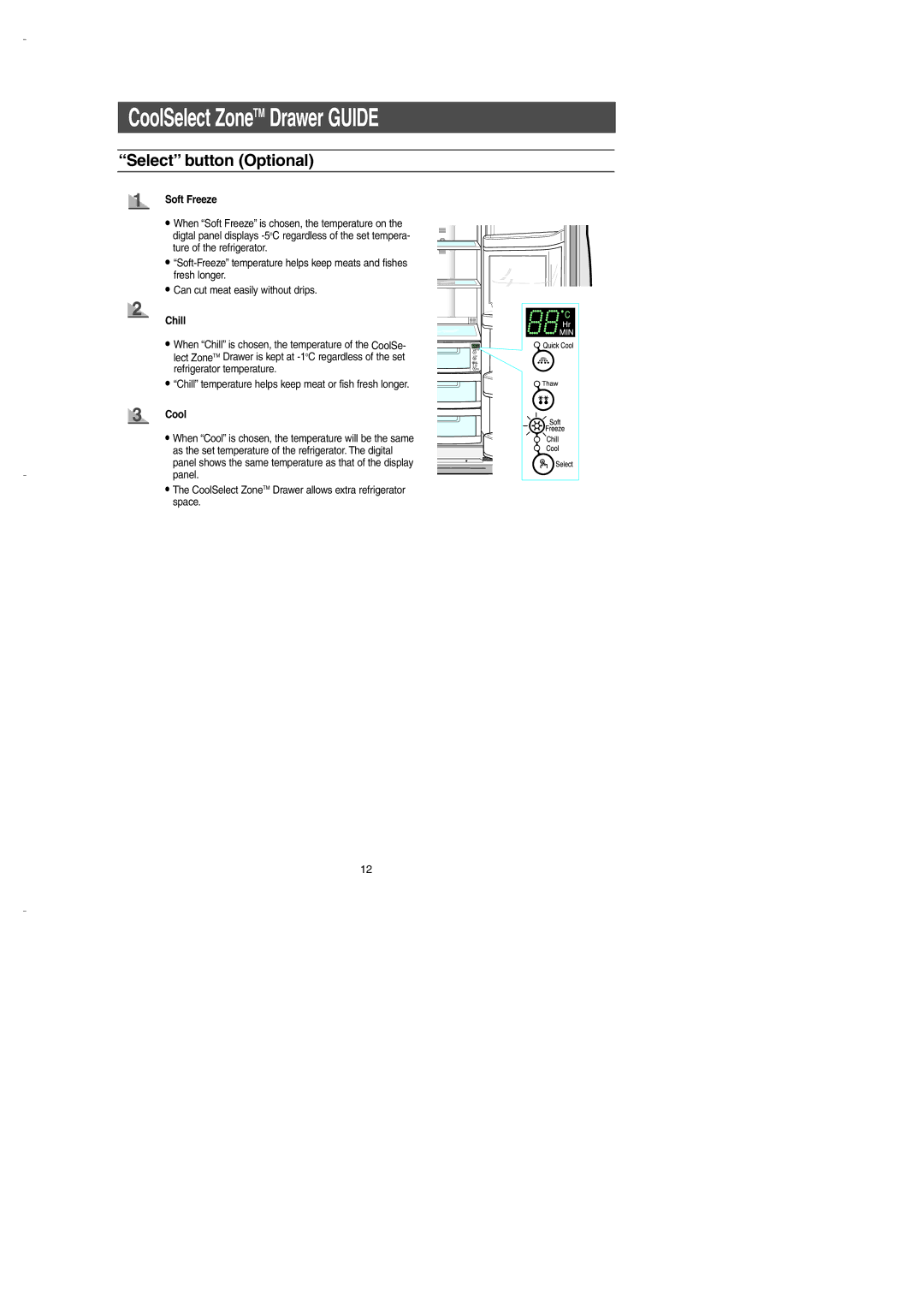 Samsung DA99-00275B owner manual Select button Optional, Soft Freeze, Chill, Cool 