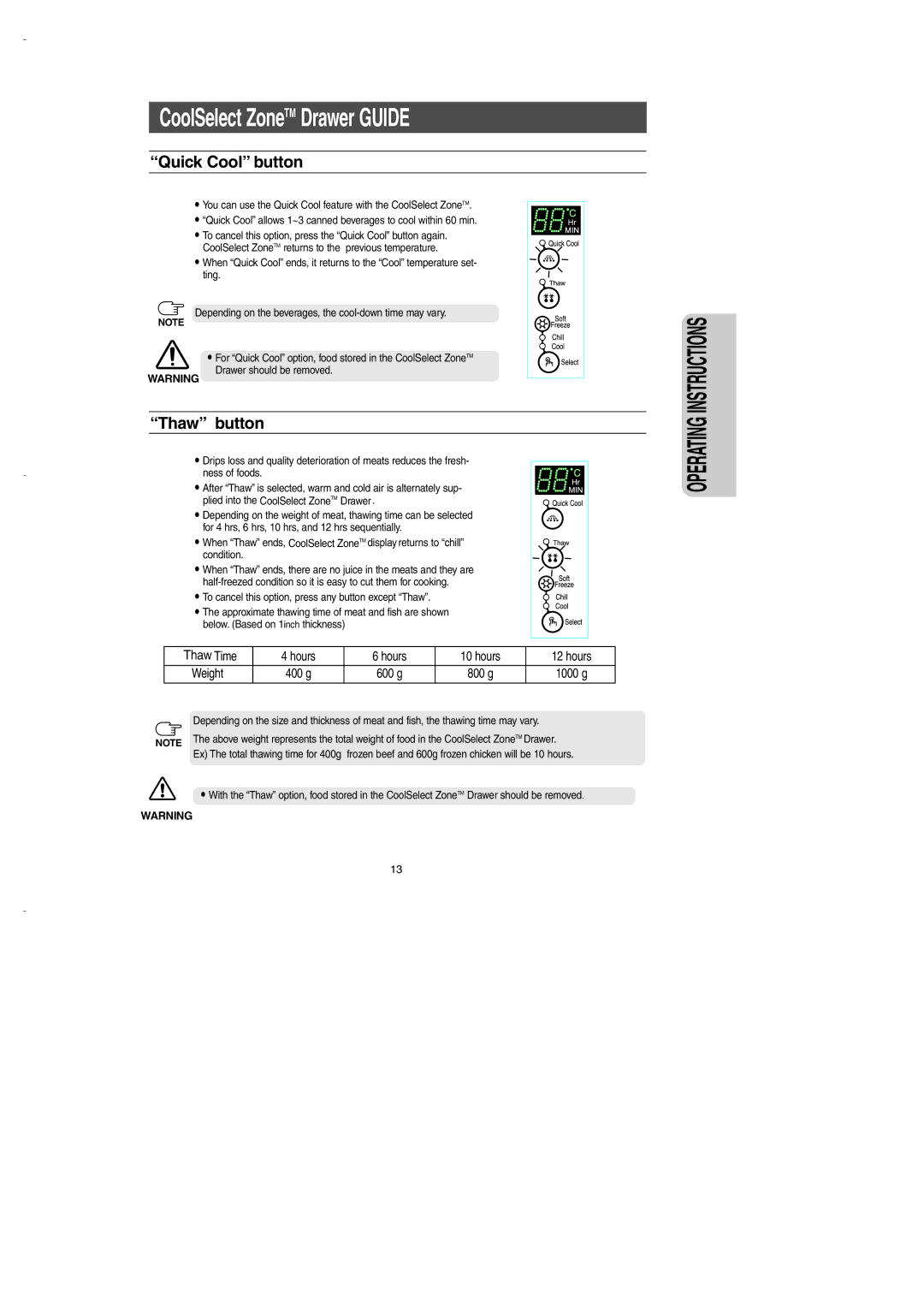 Samsung DA99-00275B owner manual Quick Cool button, Thaw button 