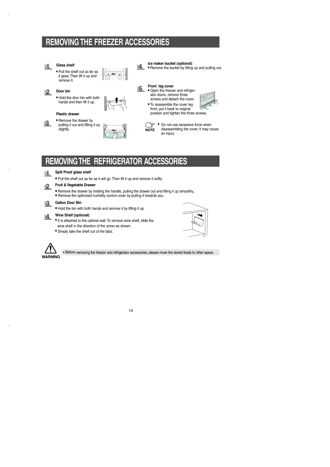 Samsung DA99-00275B owner manual Removing the Freezer Accessories, Removingthe Refrigerator Accessories 