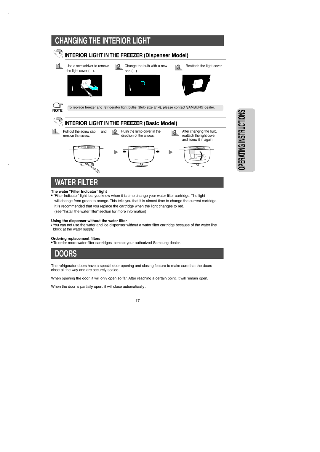 Samsung DA99-00275B owner manual Water Filter, Doors, Interior Light in the Freezer Dispenser Model 