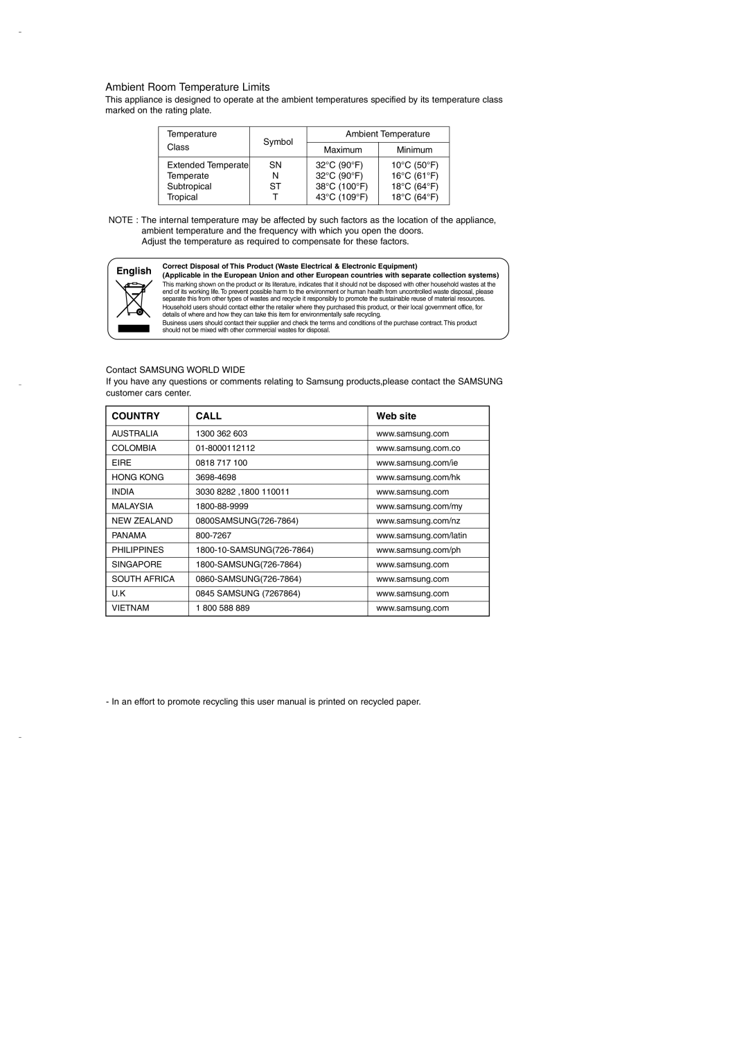 Samsung DA99-00275B owner manual Ambient Room Temperature Limits 