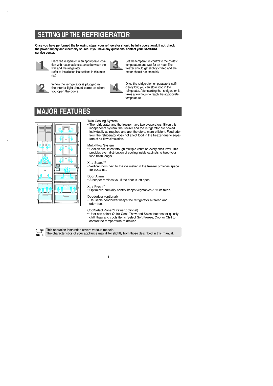 Samsung DA99-00275B owner manual Setting UP the Refrigerator, Major Features, Service center 