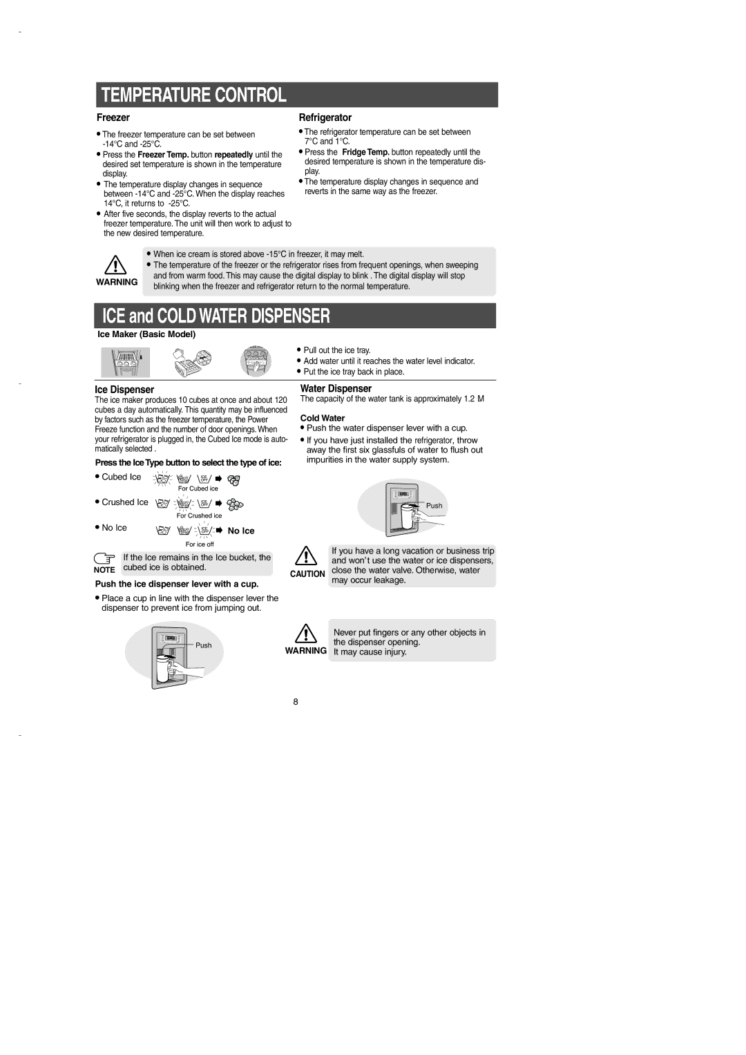 Samsung DA99-00275B Ice Maker Basic Model, Cold Water, No Ice, If the Ice remains in the Ice bucket, Cubed ice is obtained 