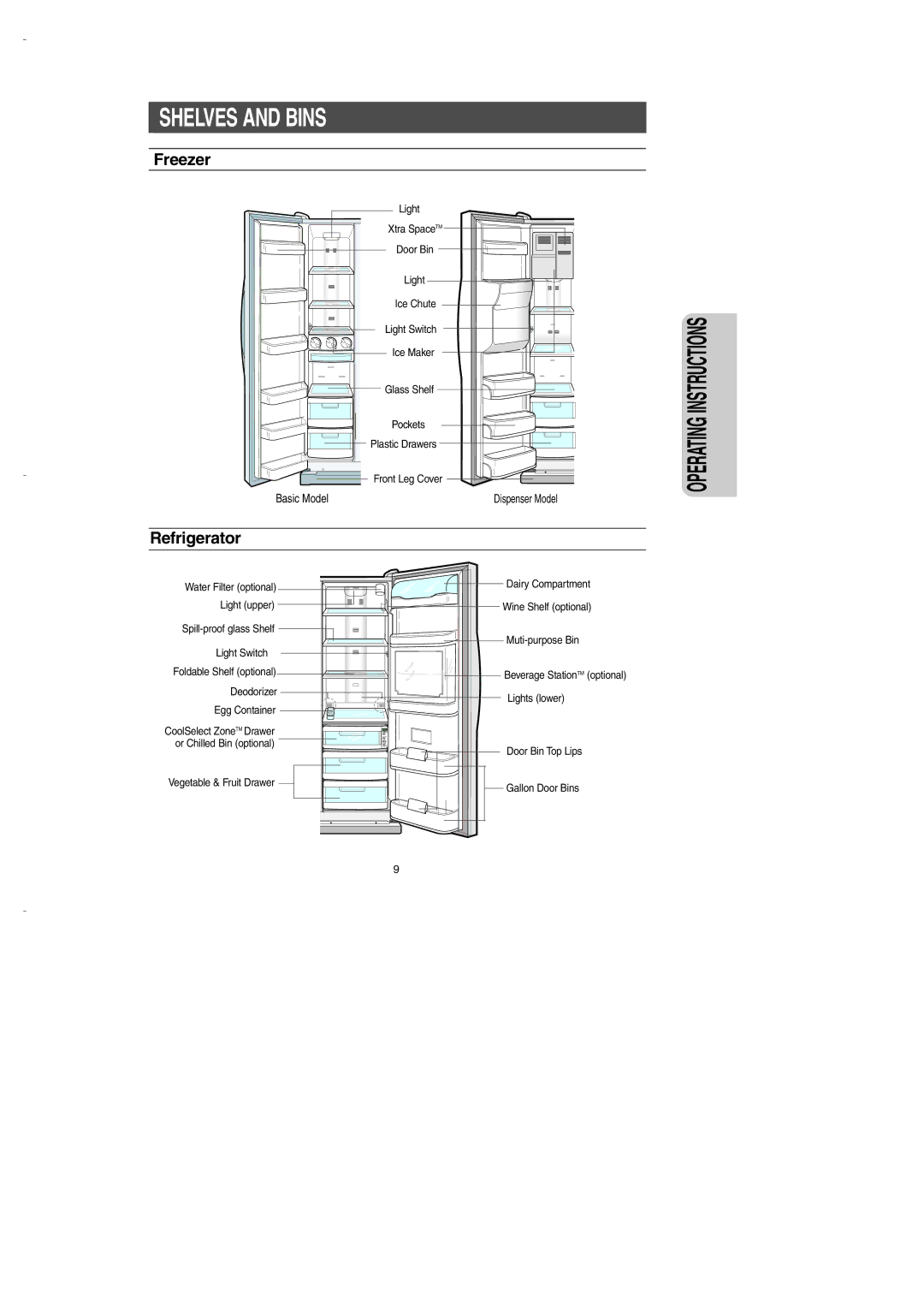 Samsung DA99-00275B owner manual Shelves and Bins, Freezer, Refrigerator 