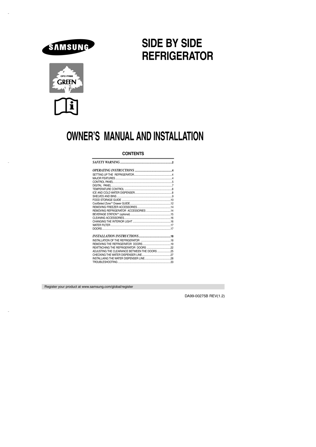 Samsung DA99-00275B owner manual Contents, Side By Side Refrigerator, Safety Warning, Operating Instructions 