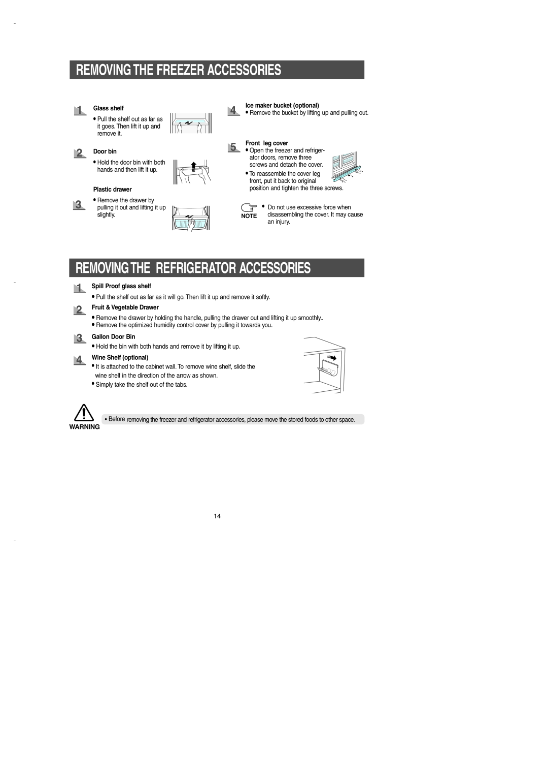 Samsung DA99-00275B Removing The Freezer Accessories, Removingthe Refrigerator Accessories, Glass shelf, Door bin 